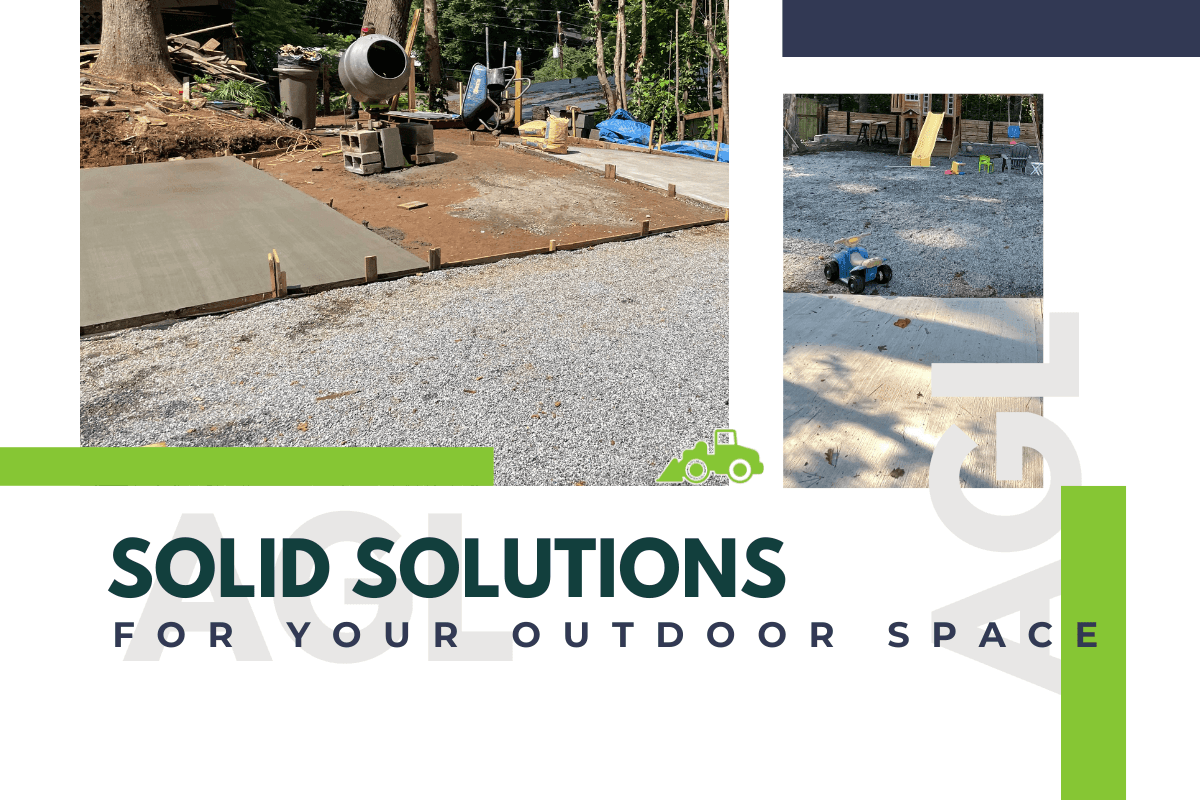 A backyard transformation showing the before and after stages of a concrete installation project. The first image displays a leveled gravel foundation with tools and materials ready for concrete pouring, while the second showcases the finished smooth concrete surface in a family-friendly outdoor space with play equipment.