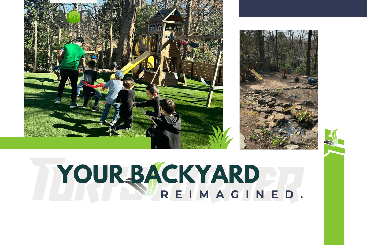 Before and after comparison of artificial grass installation in a residential backyard, showing a transformation from patchy natural grass to a lush, green, low-maintenance lawn in Atlanta, GA.